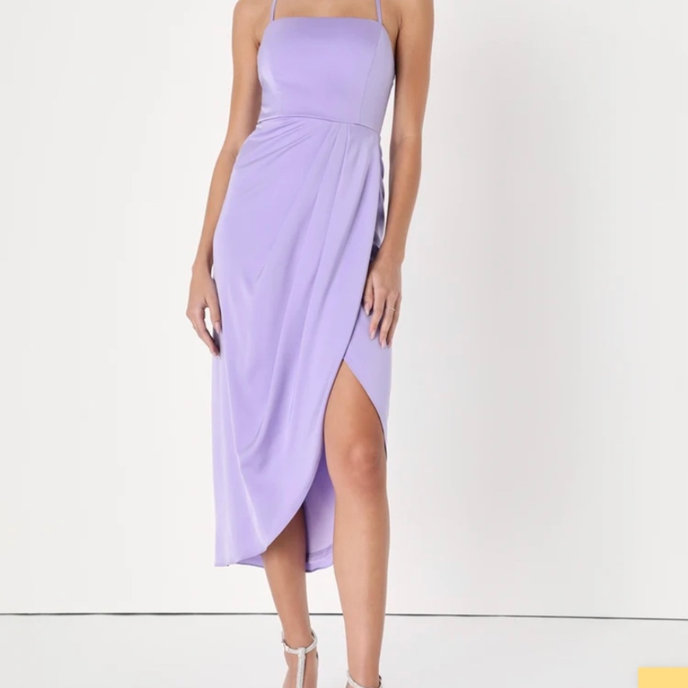 Lulus Truly Irresistible Lavender Satin Lace-Up Tulip Midi Dress
